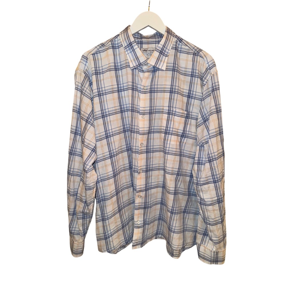 Peter‎ Millar Mens XXL Plaid Long Sleeve Button Down Shirt Blue Orange White Cas